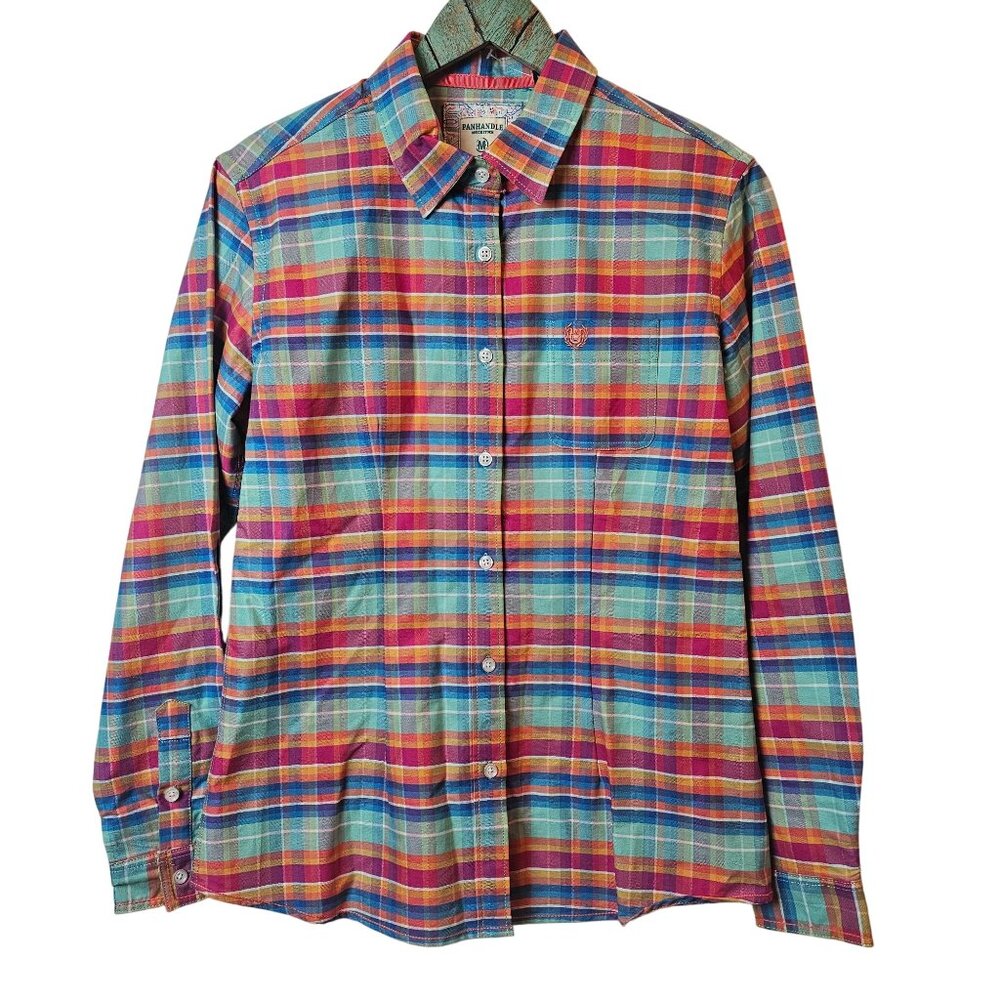 Panhandle Rough Stock Women's Bright Plaid Long Sleeve Button Down, M, NWT